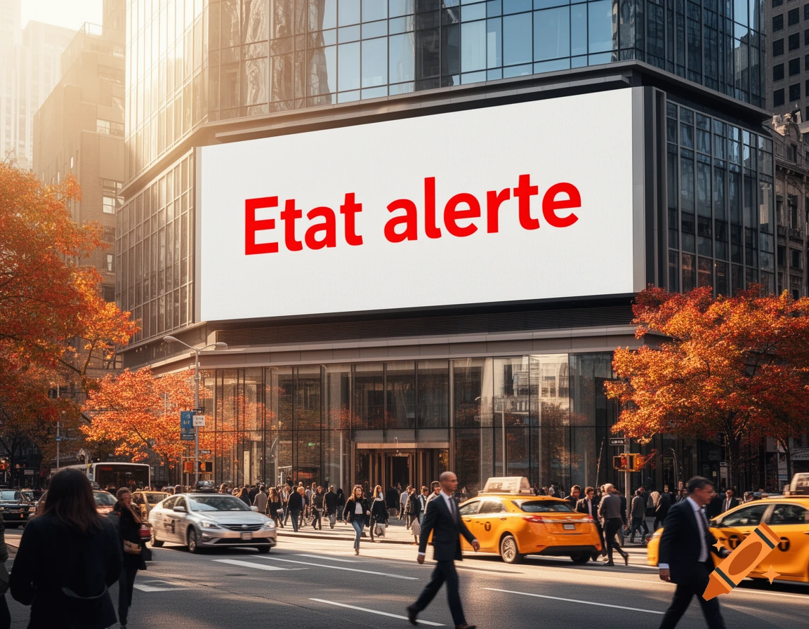 A busy city street scene with a large building featuring a billboard displaying "Etat alerte". People walk and cars drive past autumn trees.