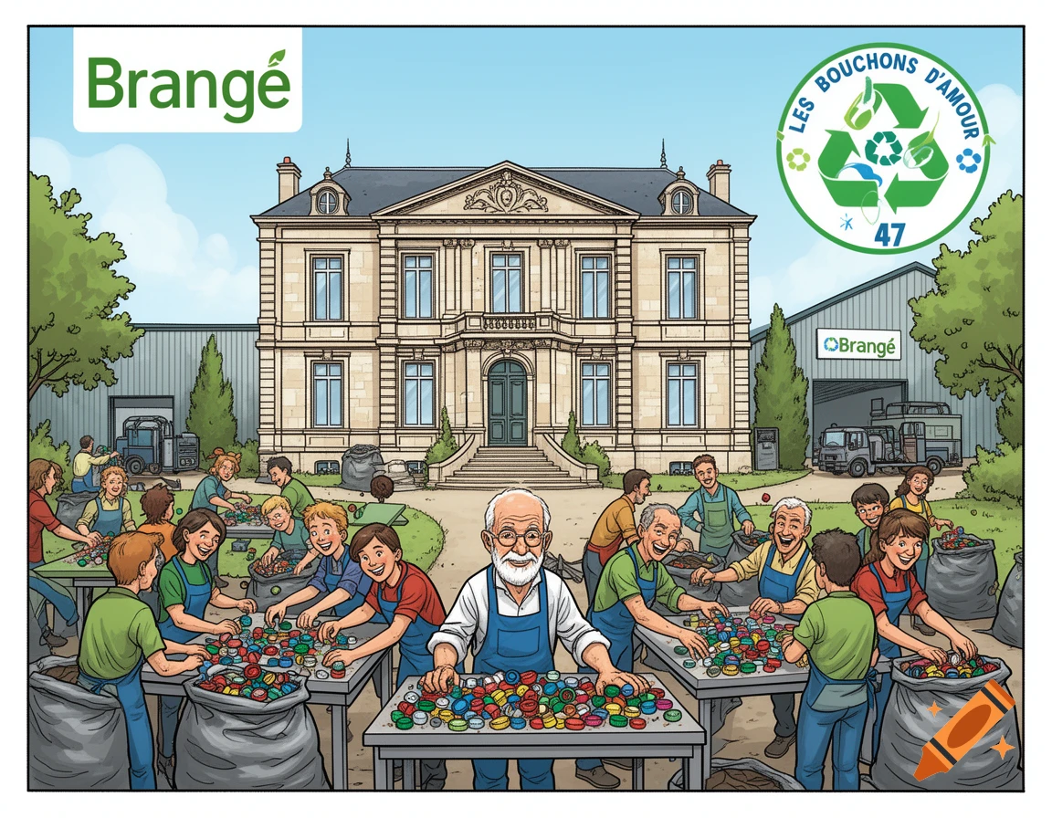 A Franco-Belgian comic art illustration of volunteers sorting colorful plastic bottle caps in front of a Brangé recycling facility.