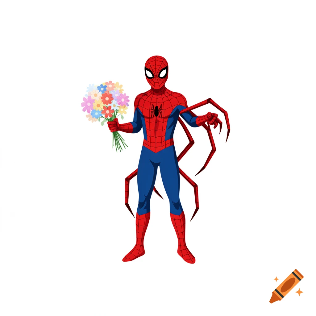 Spider-Man in a red and blue suit with four mechanical spider legs on his back holds a colorful flower bouquet.