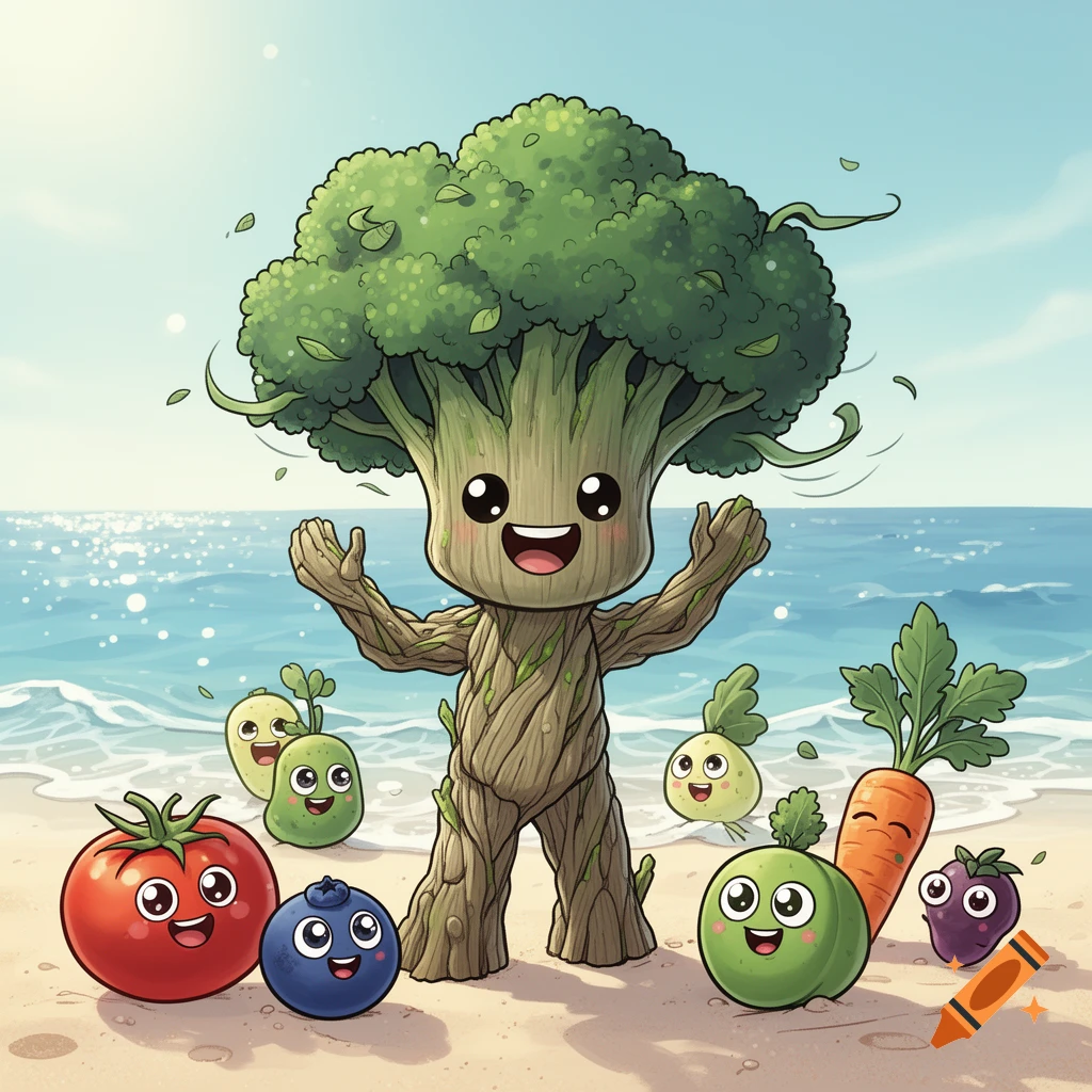 A cute, comic-style broccoli-Groot hybrid character with big eyes and a smile, surrounded by various smiling vegetables and fruits on a sandy beach.