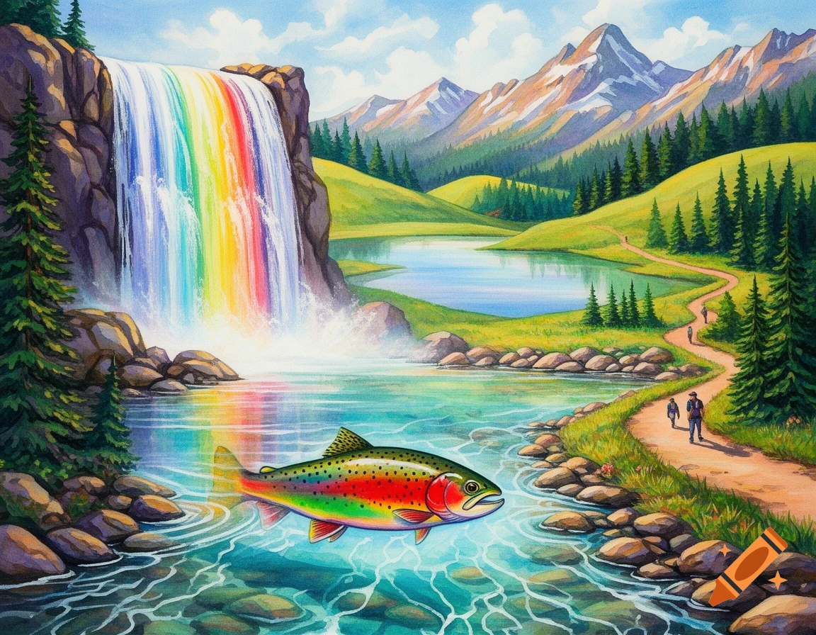 A vibrant, painterly landscape depicting a rainbow waterfall, a colorful rainbow trout in a lake, and hikers on a path through mountains and pine forests.