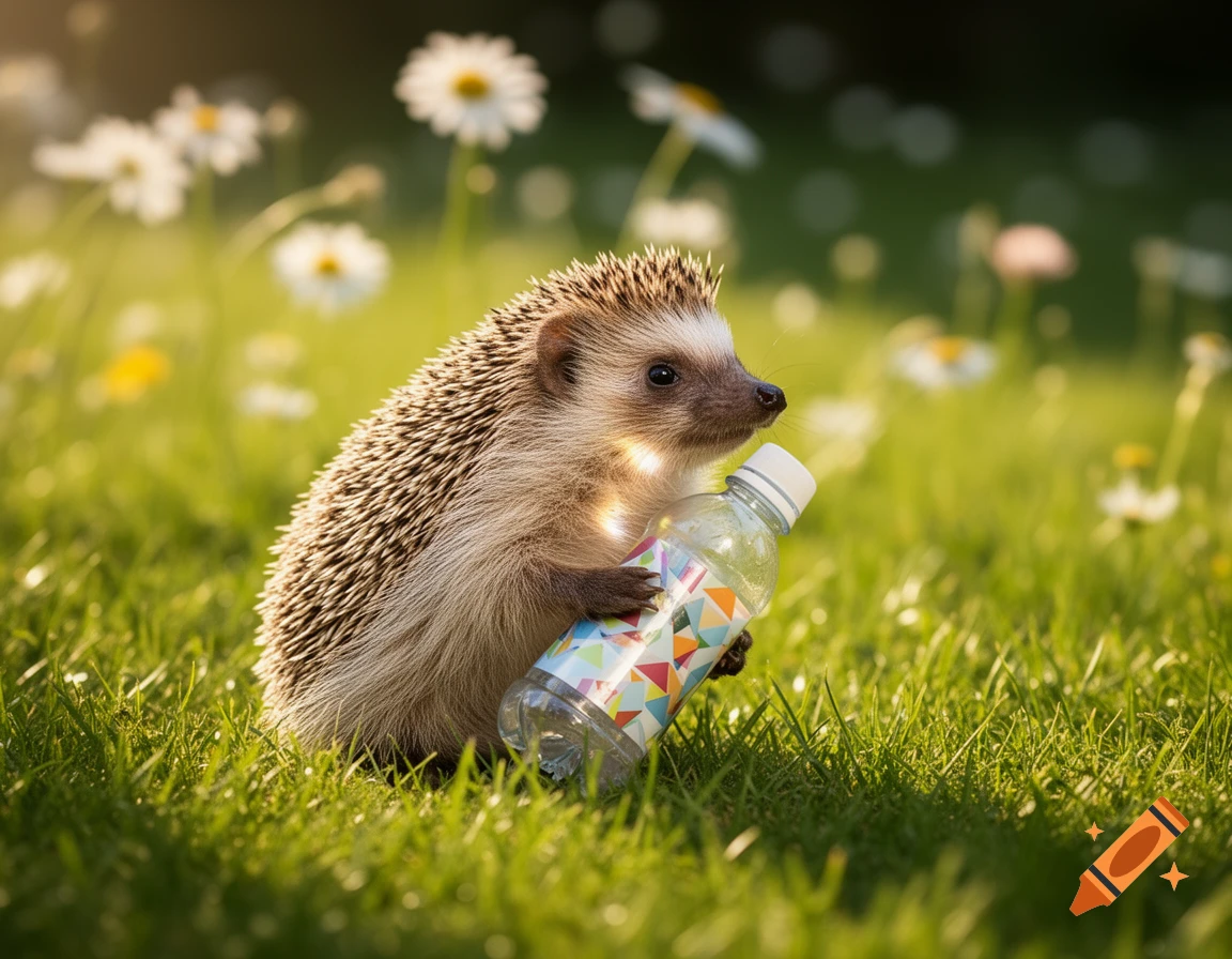 A photorealistic hedgehog sits in a sunny grassy field with white flowers, holding a small bottle with a colorful label.