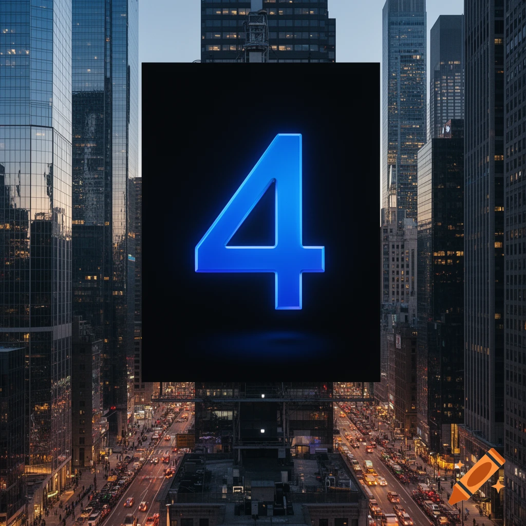 A glowing blue number 4 displayed on a large black screen amidst a city skyline at night, with illuminated skyscrapers and a busy street below.