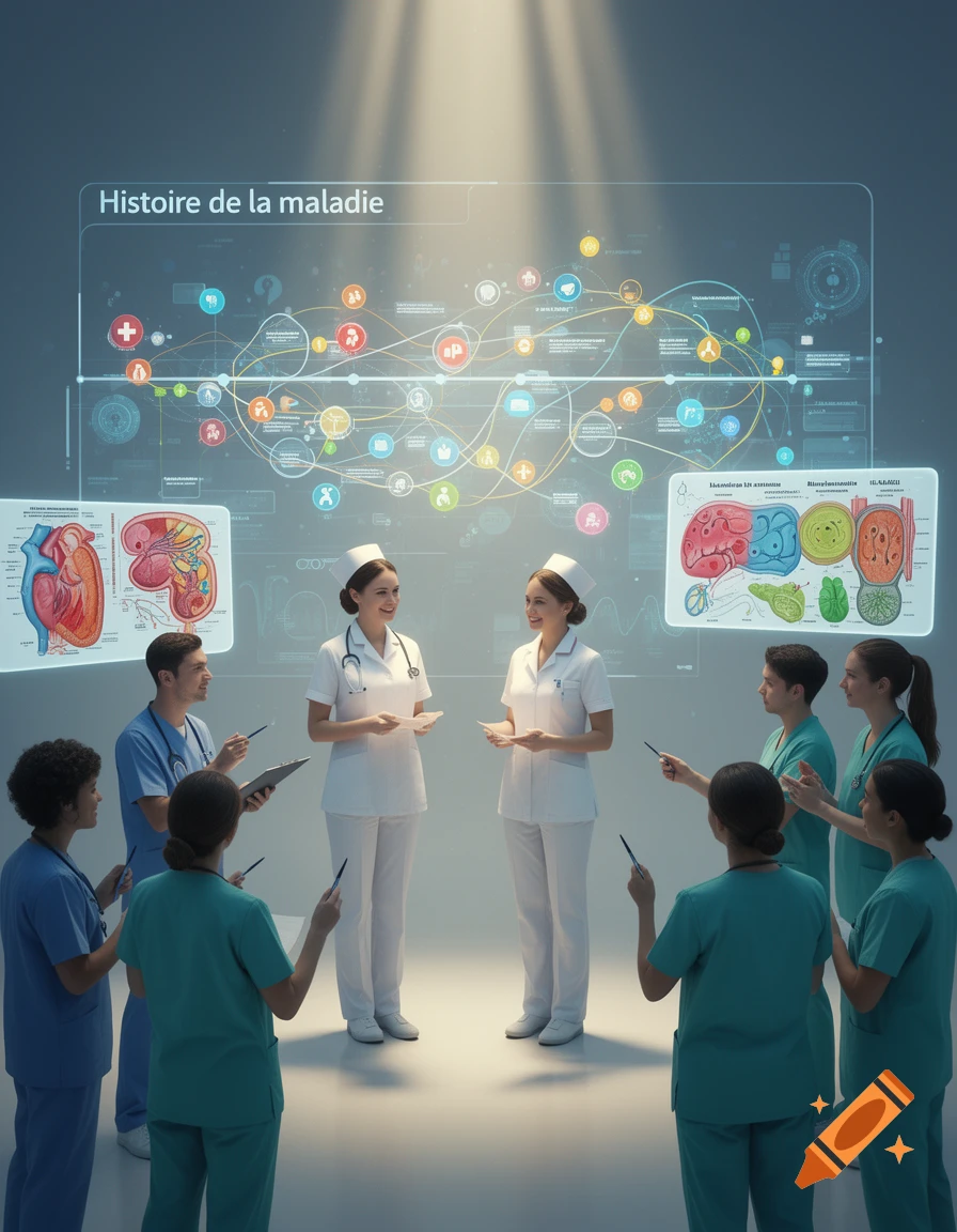 Medical professionals, including nurses and doctors, gather around a large holographic display showing