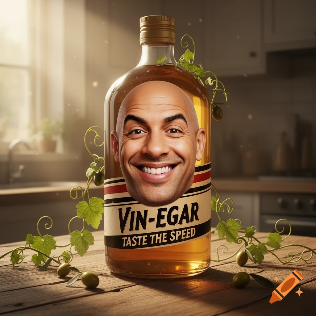 Humorous bottle of VIN-EGAR with a smiling bald man's face on the label, surrounded by olive branches and olives, on a wooden table in a kitchen.