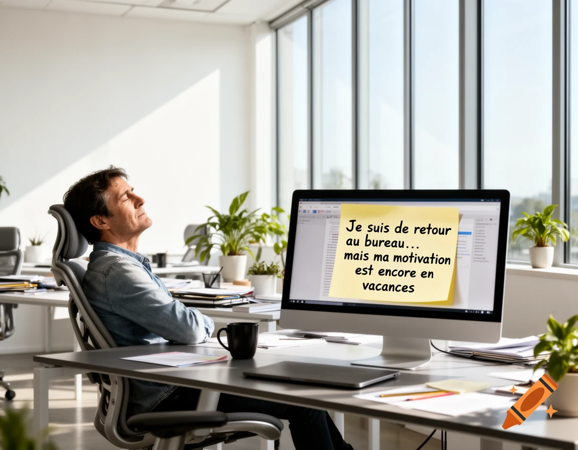 Man relaxing in an office chair with eyes closed, a computer monitor in front shows a yellow sticky note with French text.