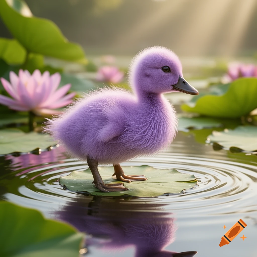 A fluffy purple duckling stands on a green lily pad in a pond with pink water lilies, reflected in the water.