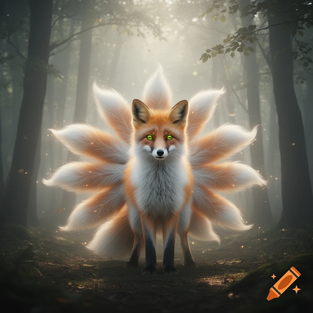 A majestic, photorealistic nine-tailed fox with glowing green eyes stands in a misty, sunlit magical forest.