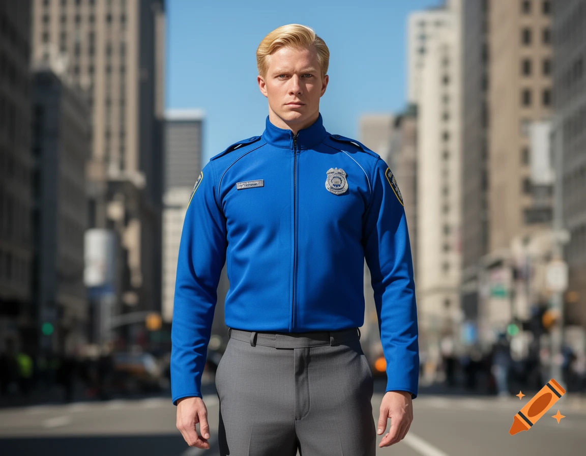 A blonde man in a blue uniform jacket and gray pants stands confidently in a city street.