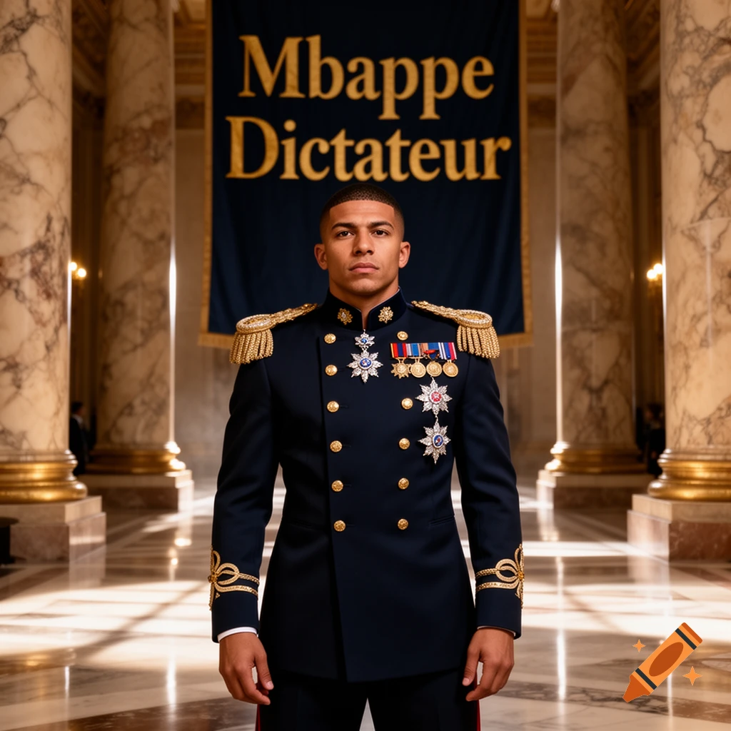 Photorealistic portrait of Kylian Mbappé in a detailed military uniform in a grand hall, under a 'Mbappe Dictateur' banner.