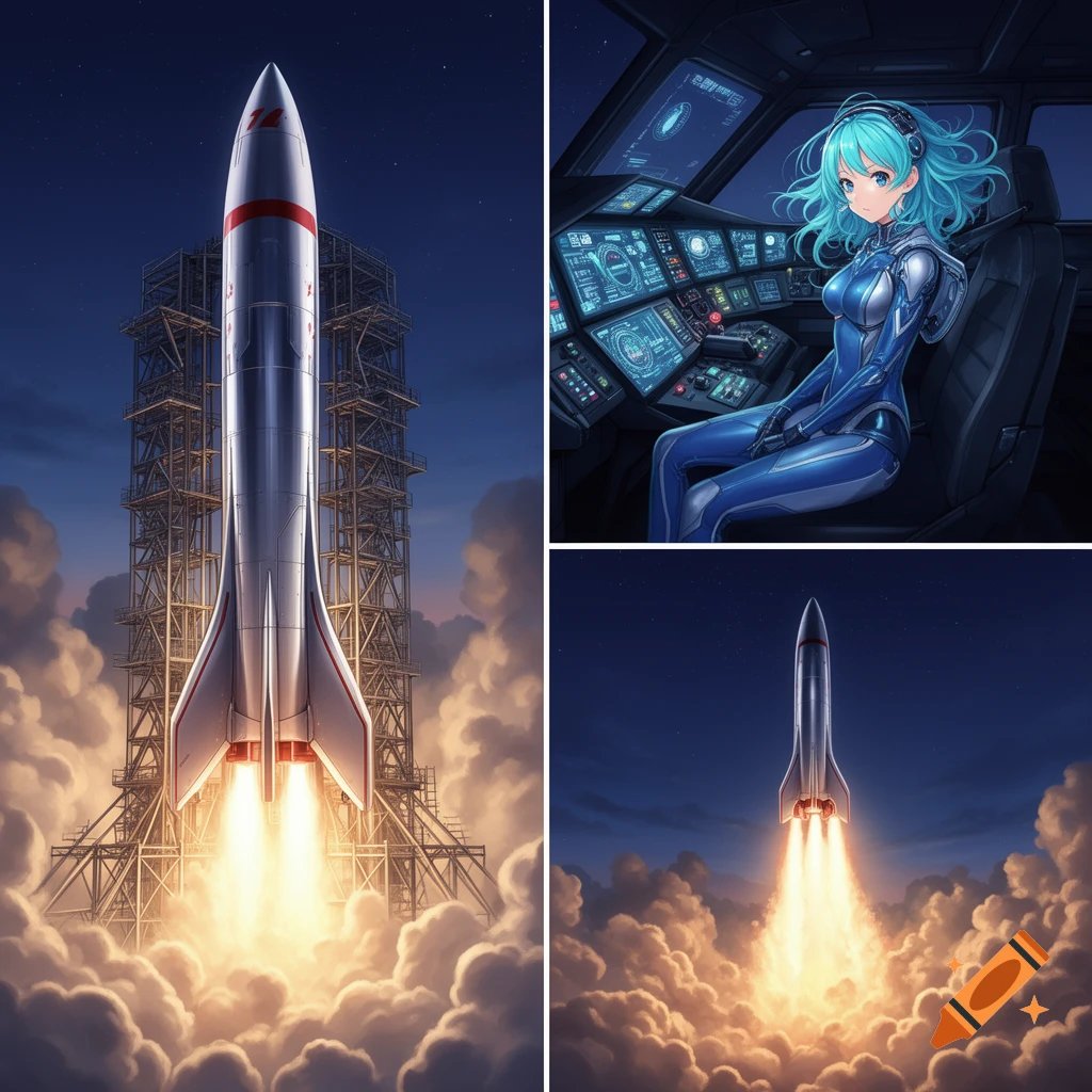 A triptych image with a rocket on a launchpad, an anime girl in a cockpit, and a rocket blasting off into space.