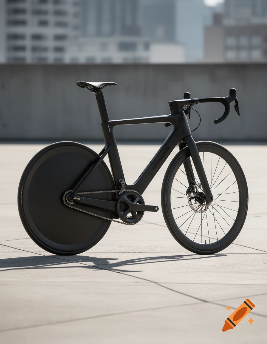 A sleek, matte black bicycle with a solid black disc rear wheel and a spoked front wheel stands on a concrete surface, with blurry city buildings in the background.