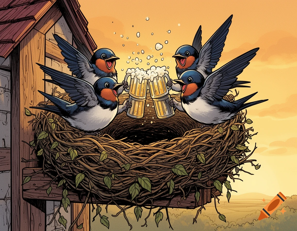 Comic style illustration of four barn swallows in a nest outside a birdhouse, cheering and clinking beer mugs.
