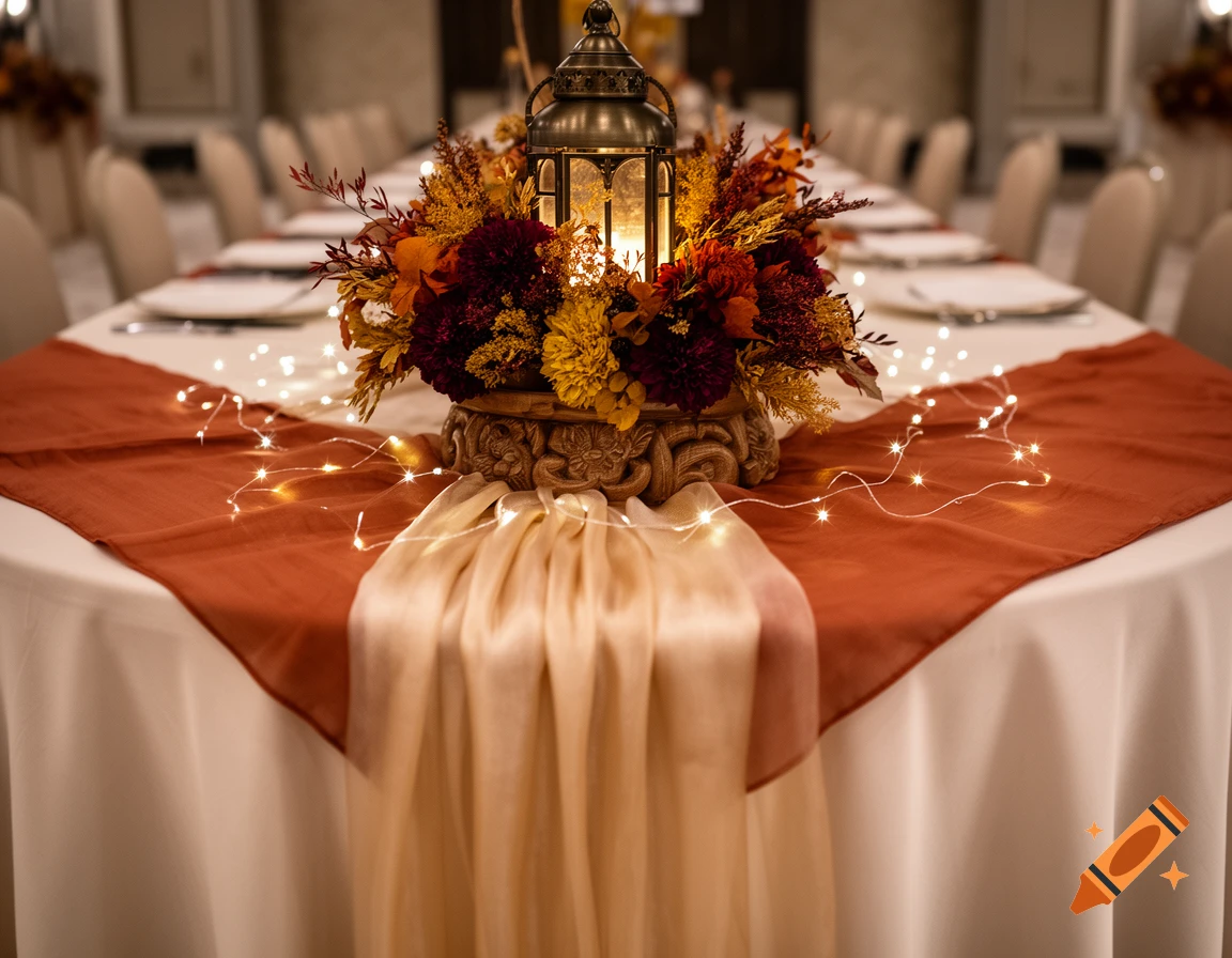 A long event table with white, terracotta, and champagne runners, a fall floral centerpiece with a bronze lantern, and string lights.