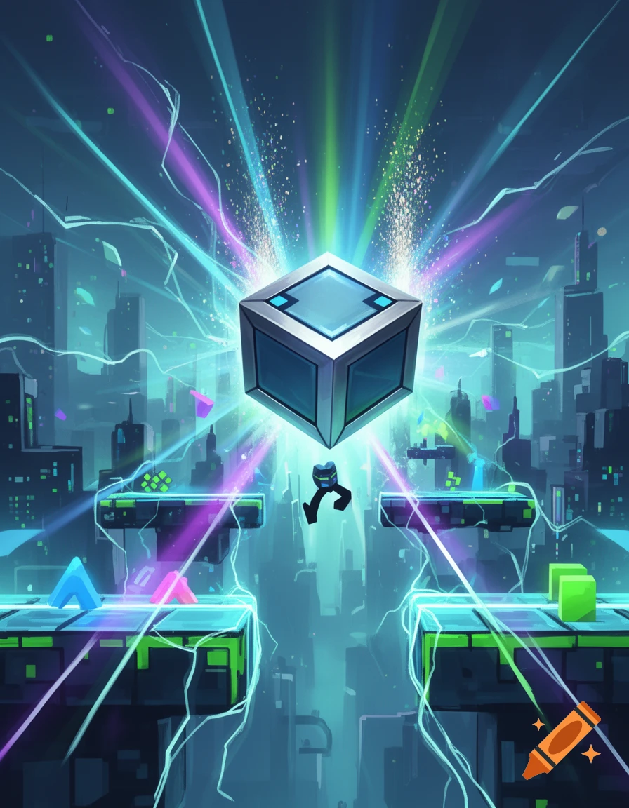 Vibrant digital art of a glowing geometric cube radiating light above a jumping character on platforms in a futuristic neon city.