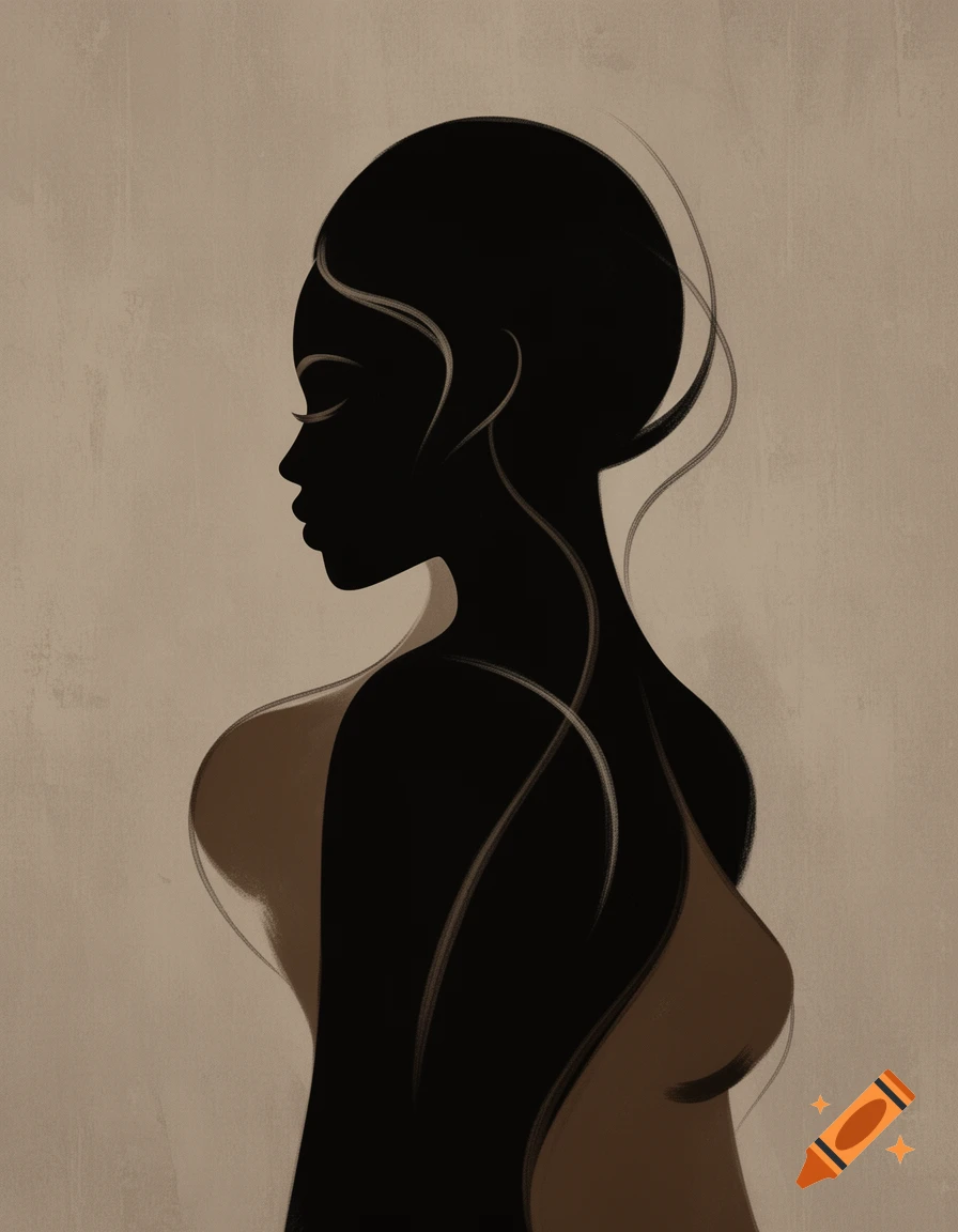 Minimalist abstract painting of a black woman's silhouette in profile against a textured beige background.