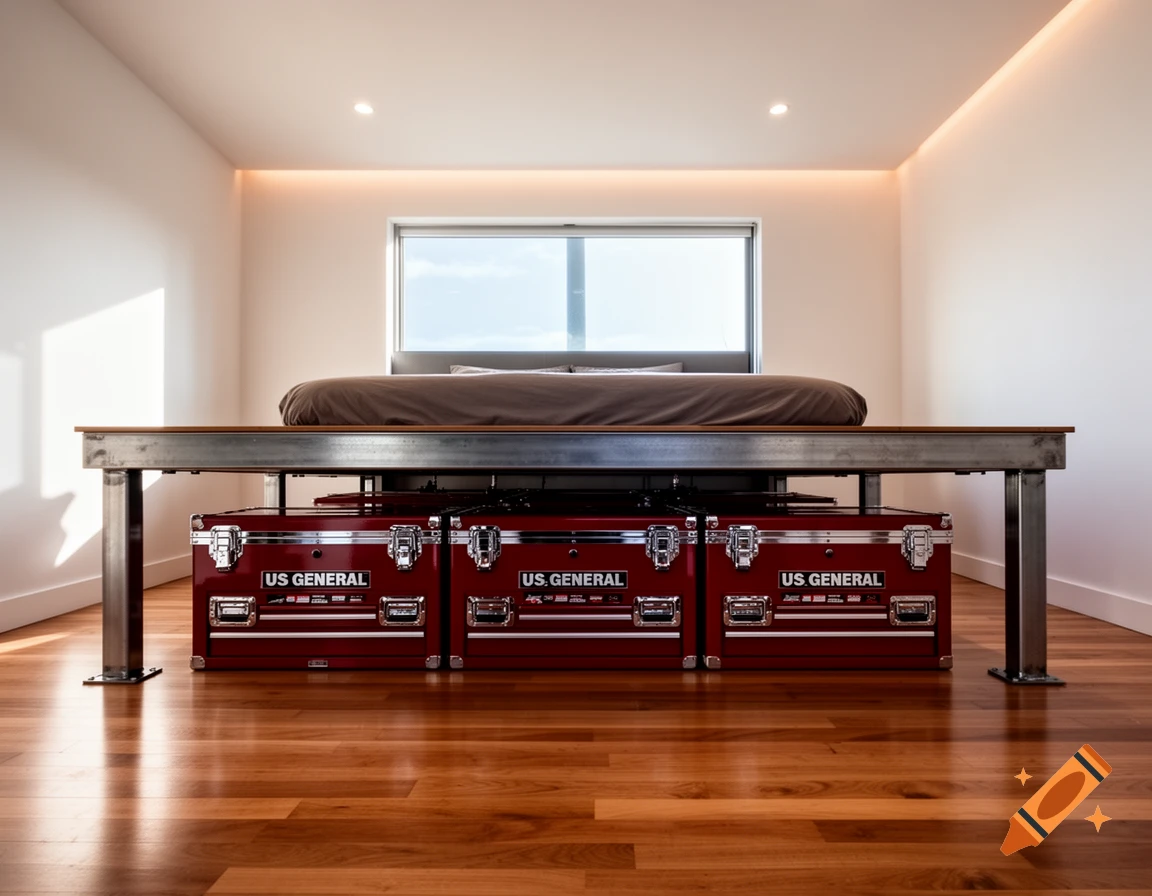 Modern bedroom with an elevated bed, three red US GENERAL toolboxes as storage underneath, and a large window.