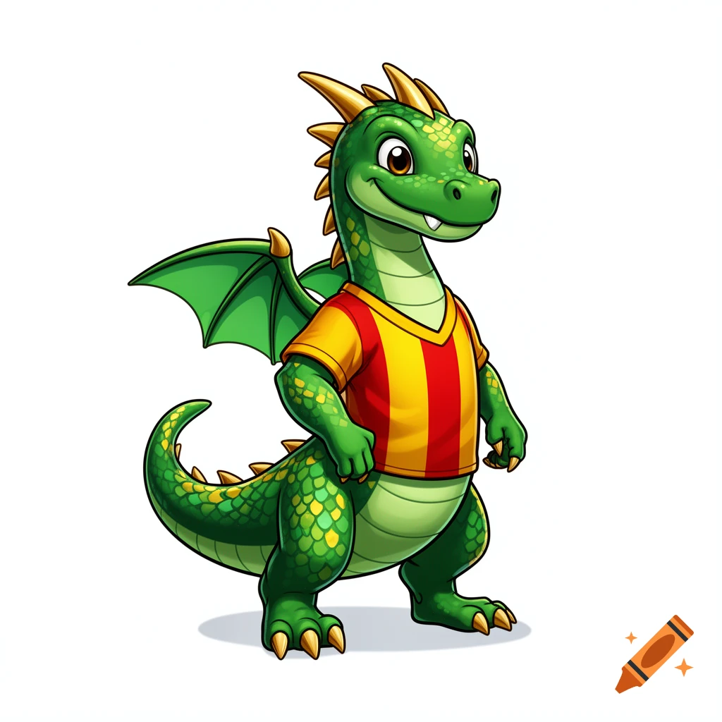 A smiling green cartoon dragon with yellow horns and claws, wearing a red and yellow striped jersey, standing on a white background.