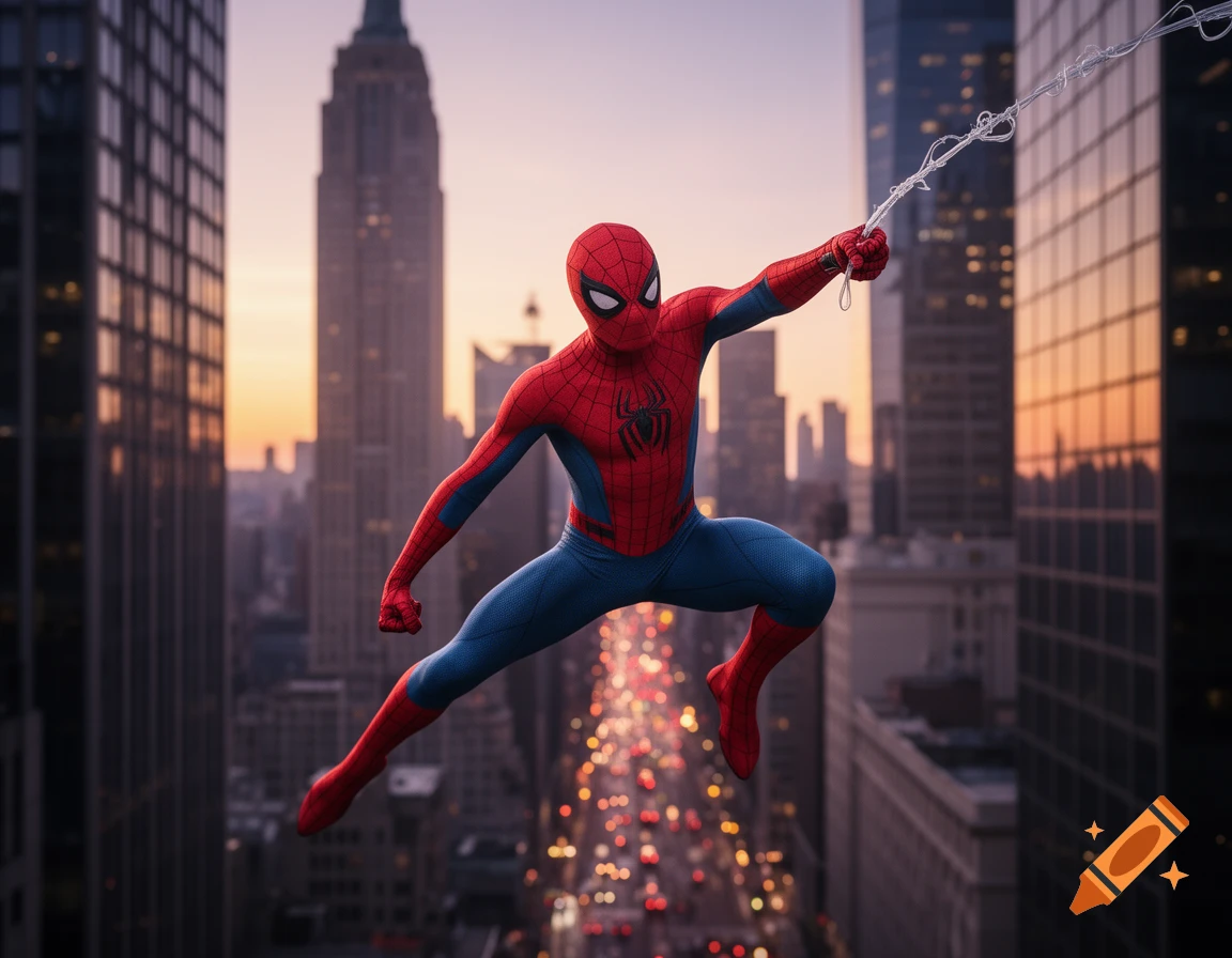 Photorealistic Spider-Man swings above a bustling city street at sunset, with skyscrapers and glowing traffic lights.