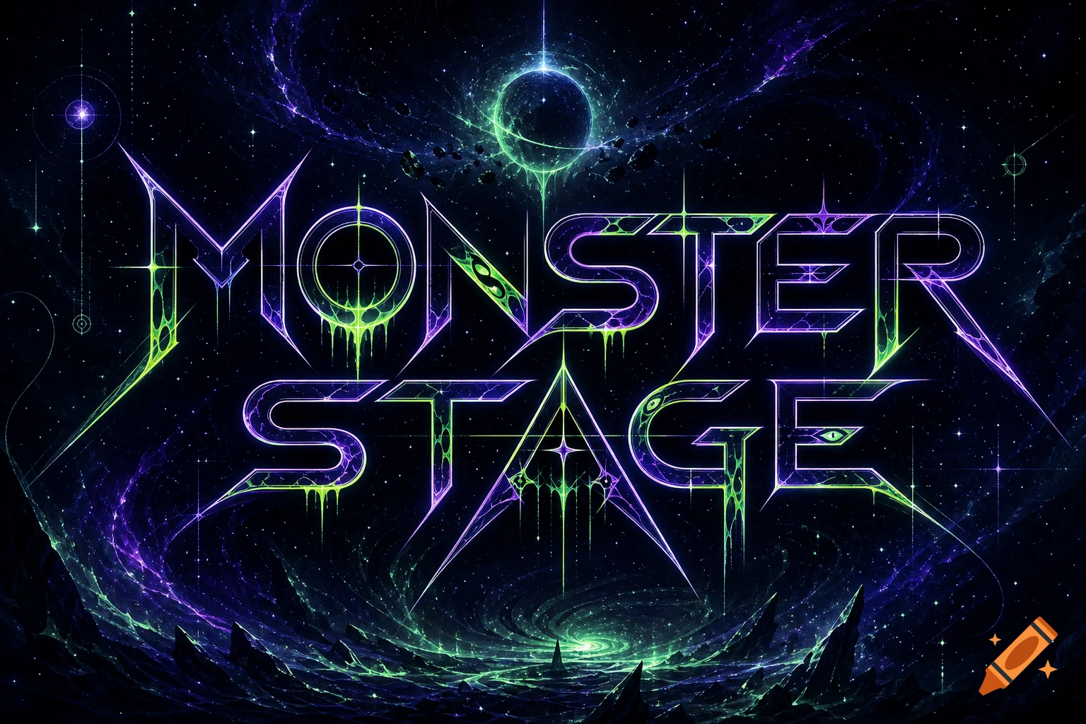 Stylized neon green and purple text reading 'MONSTER STAGE' against a dark cosmic background with nebulae and glowing energy.