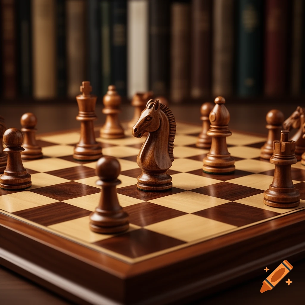 A close-up of wooden chess pieces on a chessboard, with a blurred bookshelf in the background, in a photorealistic style.