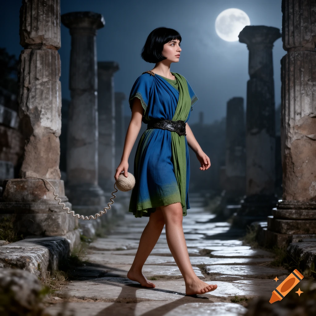 A young woman with short dark hair in a blue and green toga walks barefoot through ancient ruins at night under a full moon, holding a ball of yarn.