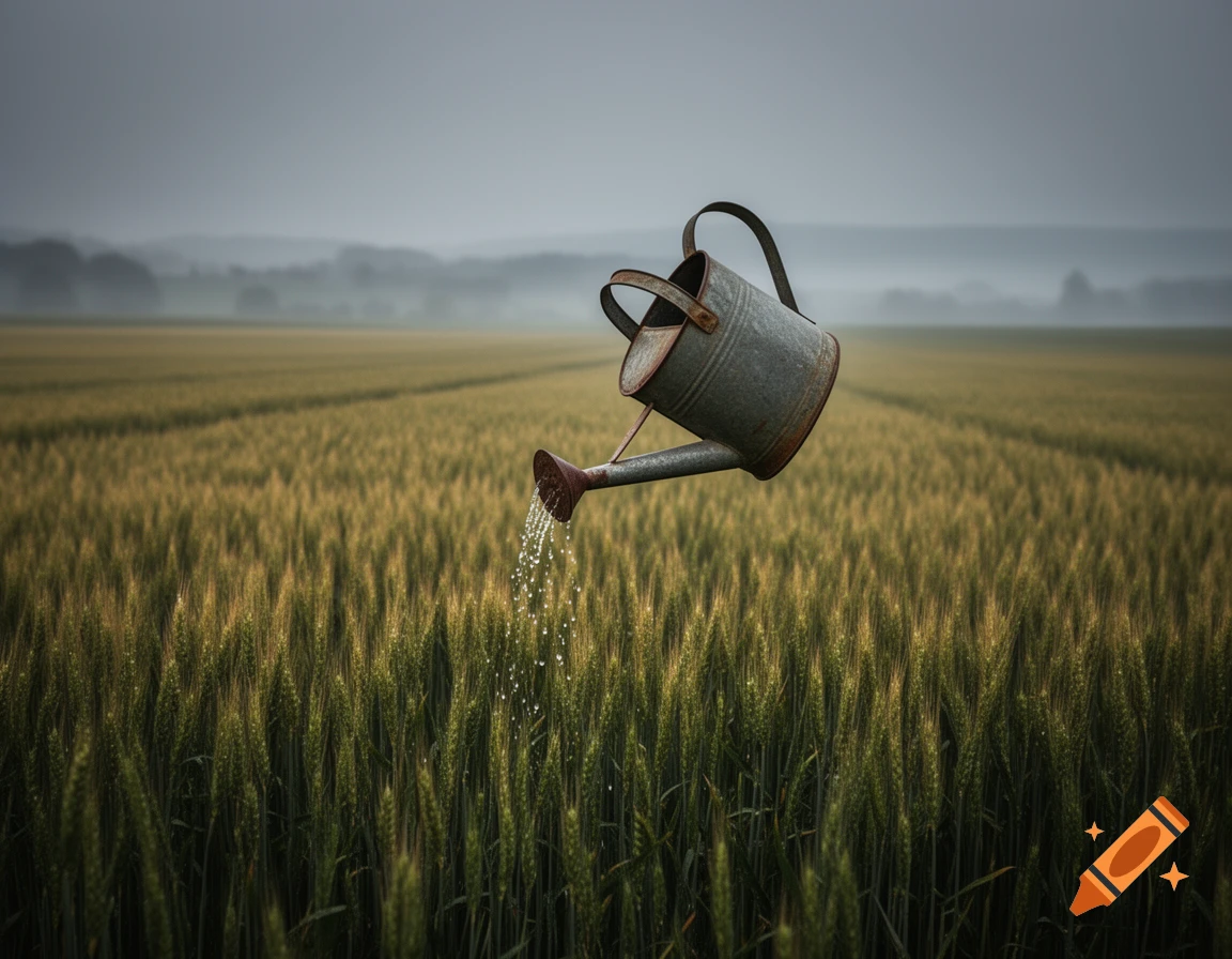 A rustic metal watering can floats and waters a vast green rye field under an overcast sky.