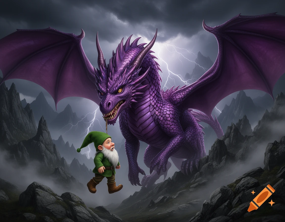 A large purple dragon with glowing yellow eyes looms over a frightened gnome in a stormy mountain landscape with lightning.