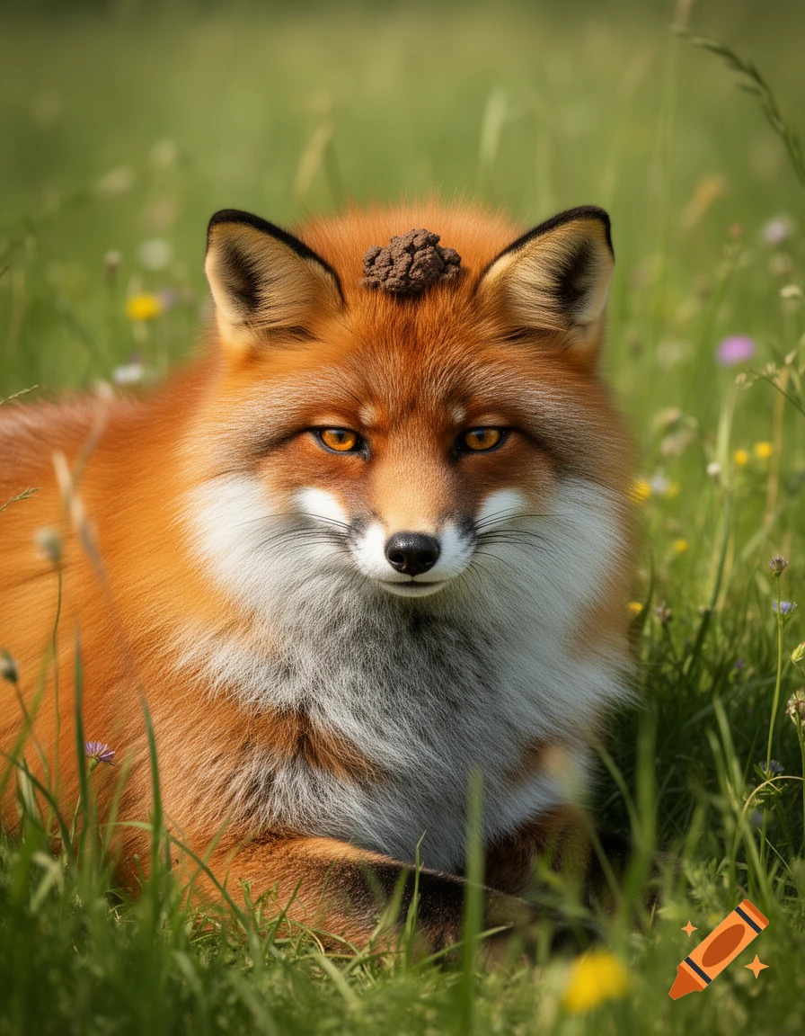 A fluffy red fox with a white chest lies in a green meadow, looking directly forward with a small lump on its head.