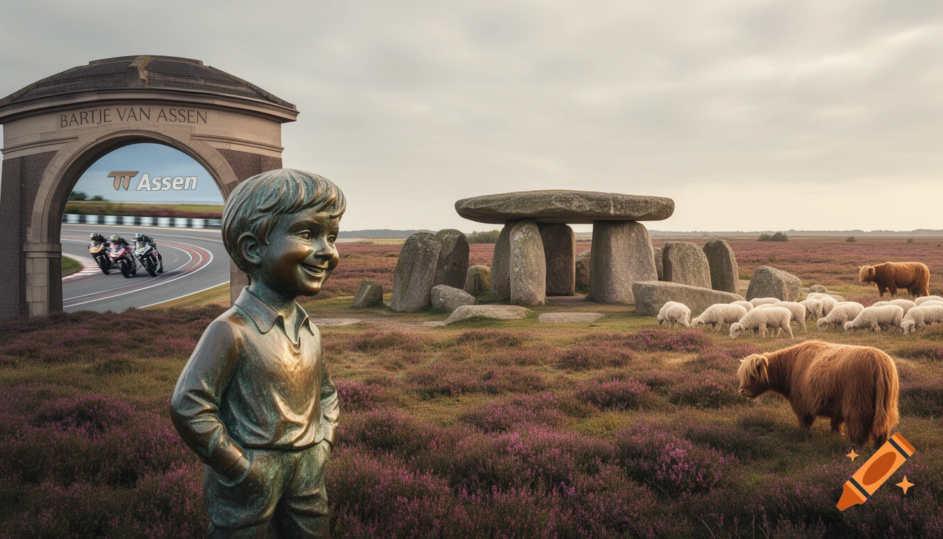 Bronze statue of a boy in a purple heathland with a dolmen, sheep, and highland cows; a racetrack is seen through an archway.