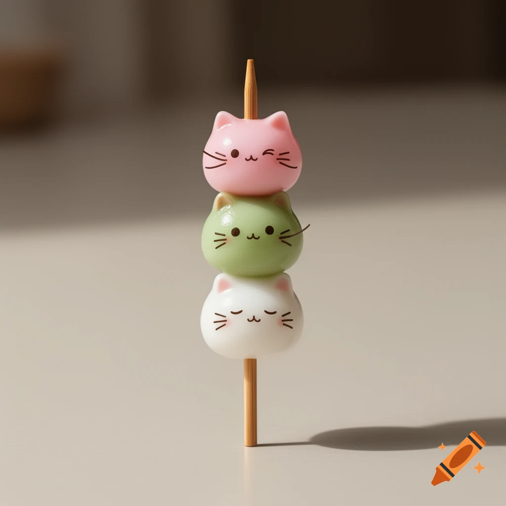 Three colorful cat-shaped dango, pink, green, and white, stacked on a wooden skewer.