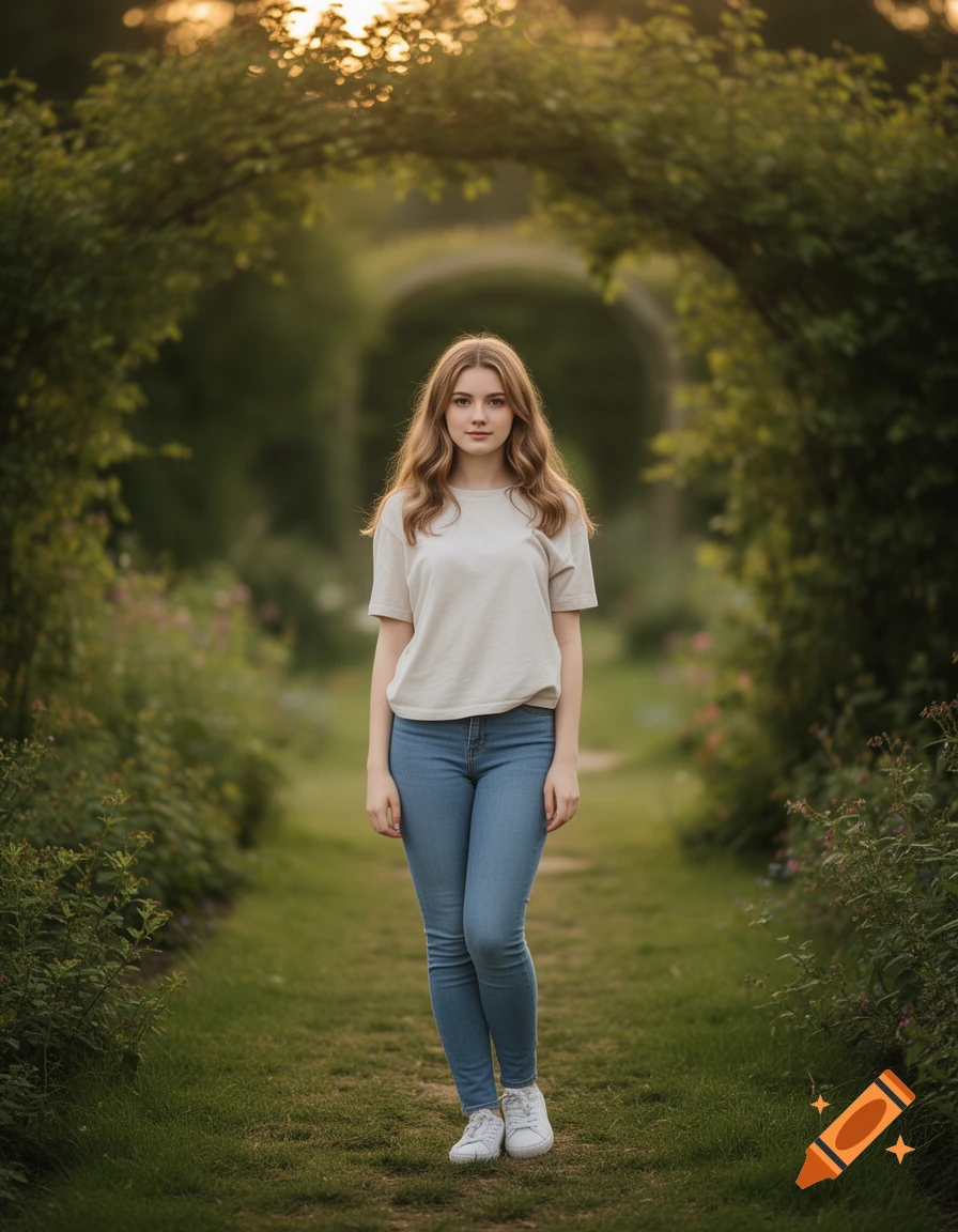 A young woman stands on a grassy path under a leafy archway in a garden, wearing a beige t-shirt and blue jeans, with warm sunlight.