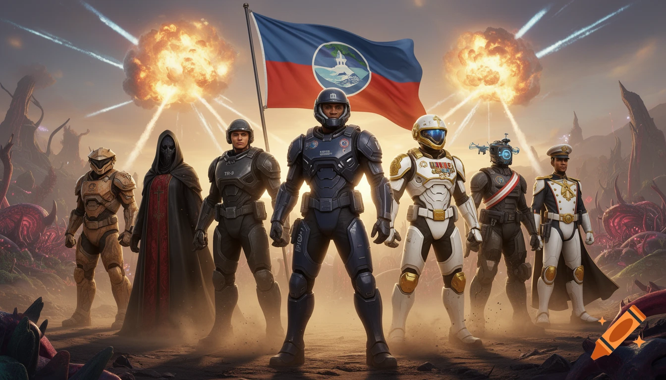 Seven armored soldiers, some in futuristic suits and one in dark robes, stand heroically before an alien landscape with explosions and a flag waving.