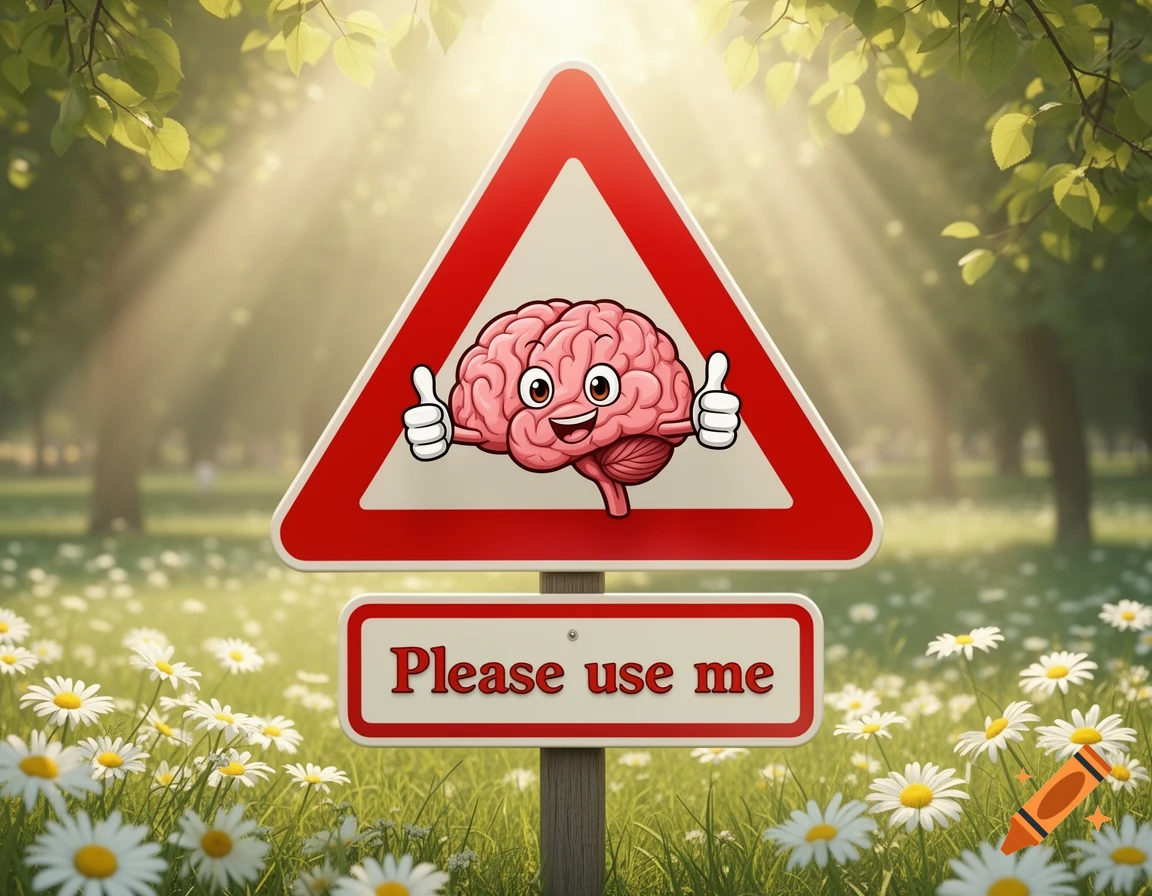 A cartoon brain with a happy face gives two thumbs up inside a red triangular warning sign, placed above a rectangular sign reading "Please use me". The setting is a sunny park with trees and white daisies.
