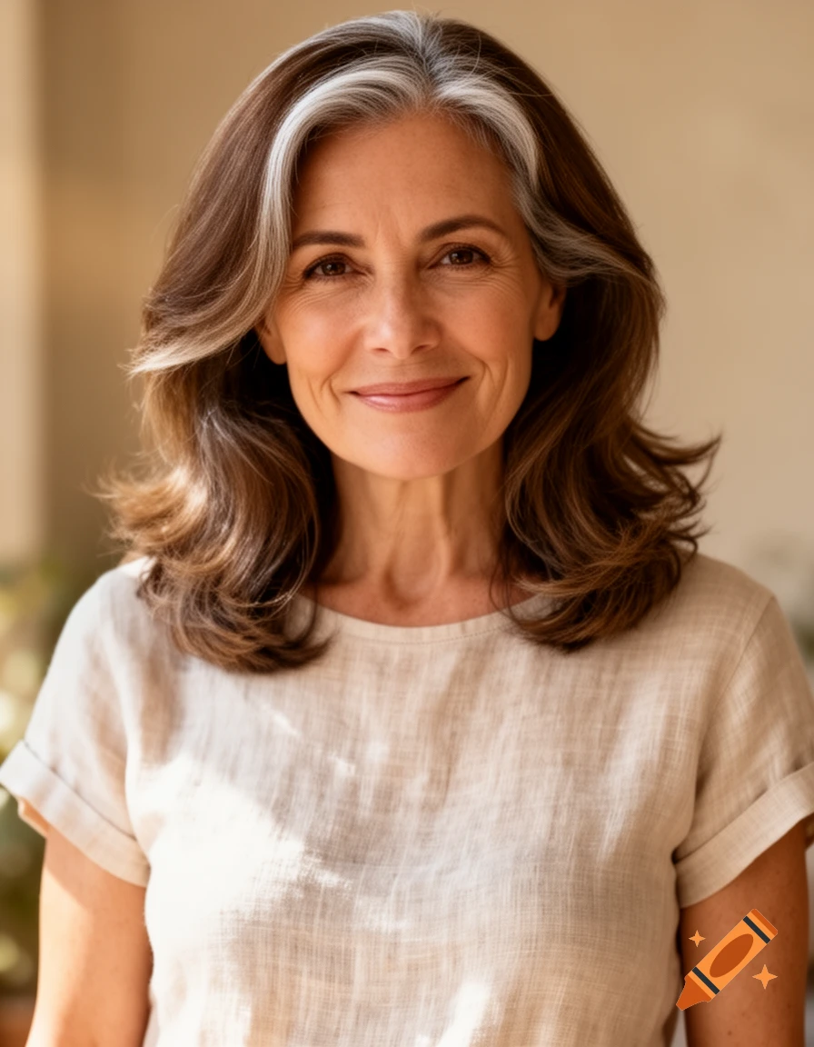 Smiling older woman with brown and white hair wearing a beige linen t-shirt, looking directly at the camera.