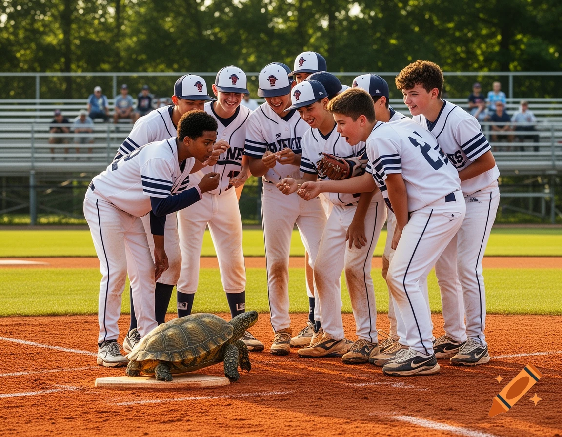 A group of high school baseball players in uniform gather around a turtle on a baseball field, smiling and looking down at it. The players are on a dirt base path, with green grass in the outfield and stadium seats in the background.