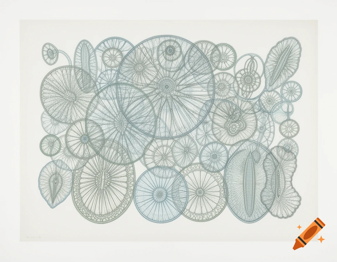 A detailed lithograph featuring an intricate arrangement of various circular and elongated microscopic organisms in blue and green.