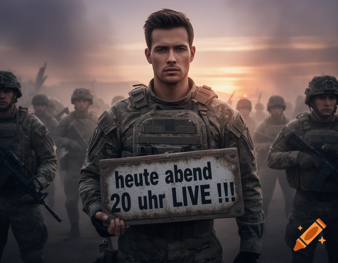 A photorealistic image of a soldier in camouflage gear holding a sign that reads "heute abend 20 uhr LIVE !!!" with other soldiers and a sunset in the hazy background.