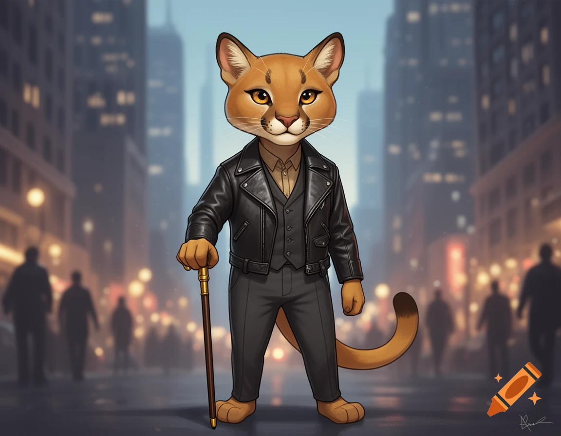 A cartoon anthropomorphic cougar character wearing a black leather jacket and suit, holding a walking stick, standing on a city street at dusk with blurred lights and silhouettes.