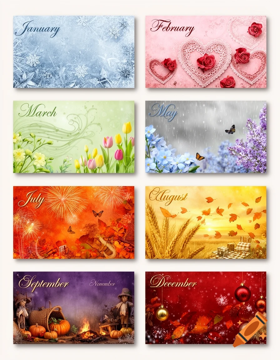 A grid of eight collage-style designs, each representing a different month with seasonal imagery like snowflakes for January, hearts and roses for February, tulips for March, butterflies and rain for May, fireworks for July, wheat and falling leaves for August, pumpkins and scarecrows for September and November, and Christmas ornaments for December.