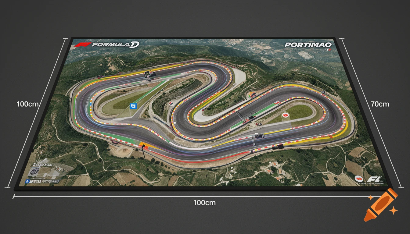 An aerial view of the Portimao race circuit designed as a Formula D board game, with Google Maps-like terrain and track details, against a dark background with size measurements.