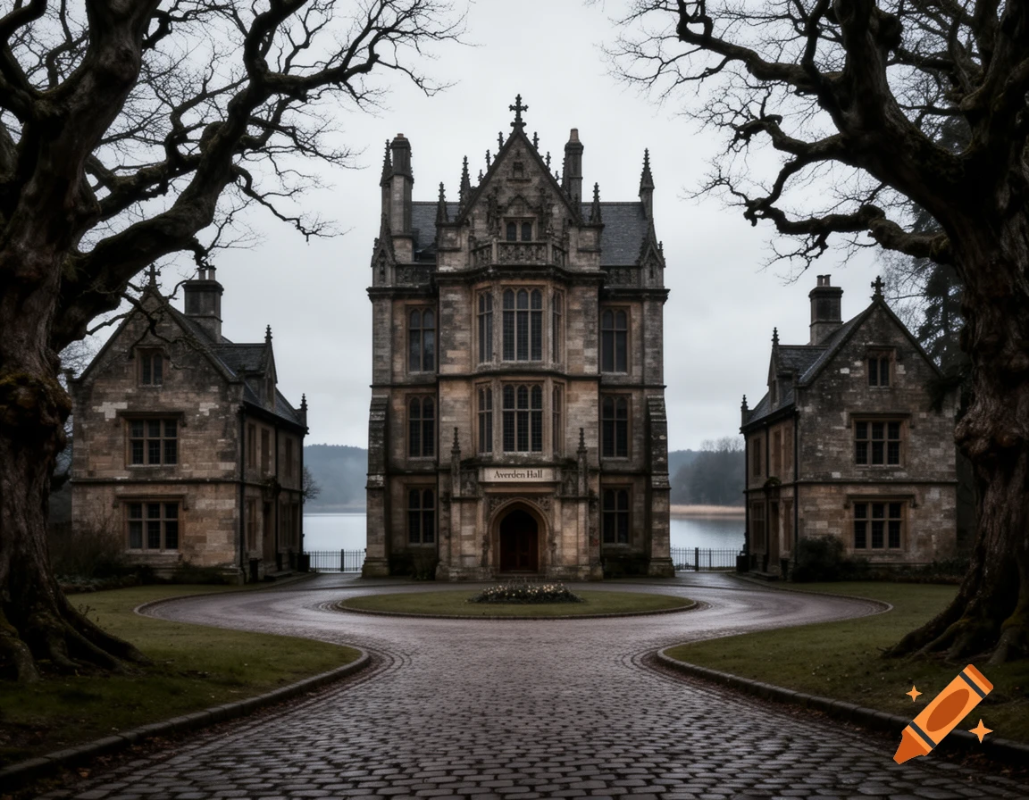 Gloomy gothic manor with two side buildings, framed by bare trees, a cobbled driveway, and a lake under a gray sky.