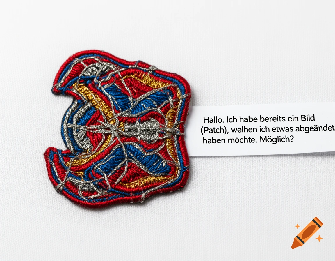 Intricate red, blue, gold, and silver embroidered patch next to a white slip of paper with German text, on a white fabric background.