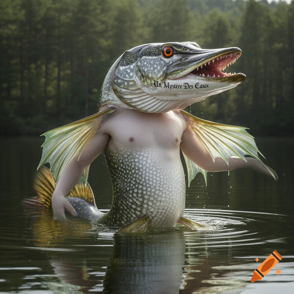 Photorealistic image of a human-pike hybrid creature standing in a lake with a forest in the background.