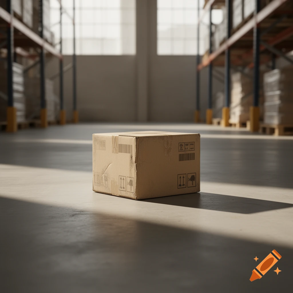 A photorealistic image of a single cardboard box with shipping symbols on its side, resting on the concrete floor of a sunlit warehouse.