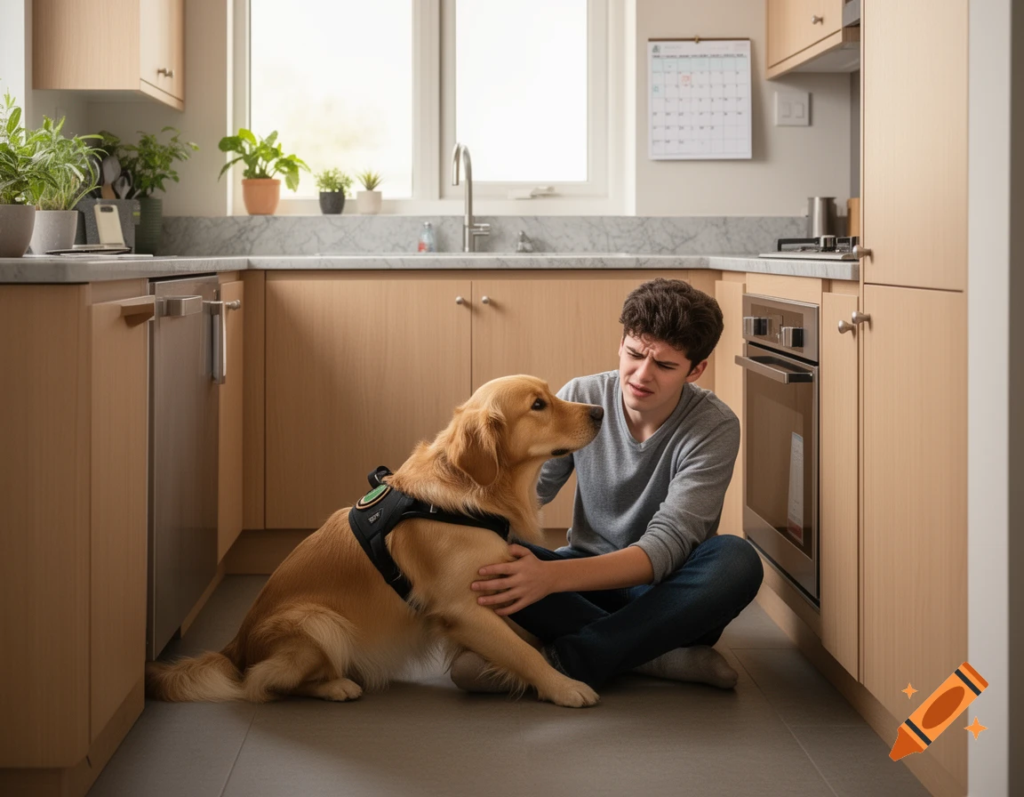 Photorealistic image of a young man with a distressed expression sitting on a kitchen floor, a golden retriever service dog next to him.