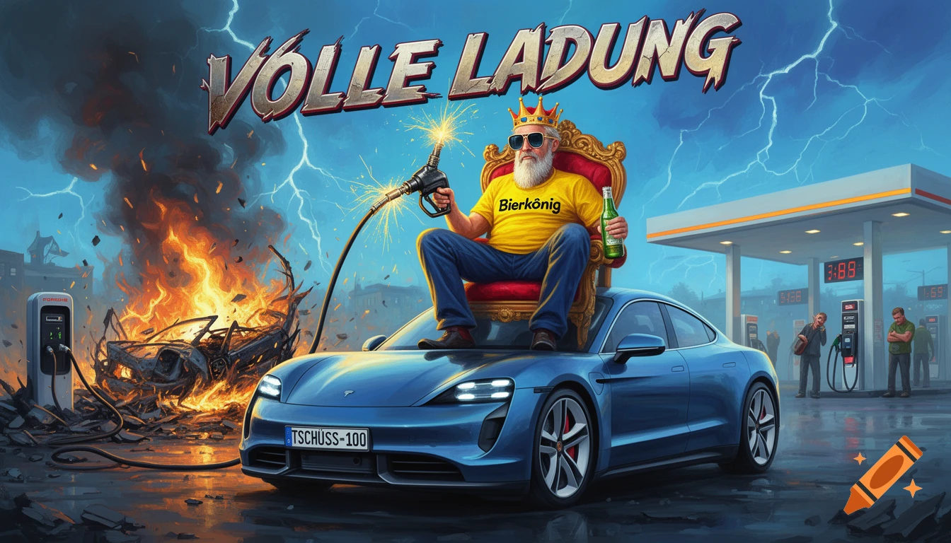 A bearded king on a blue electric sports car, holding a sparking fuel nozzle and beer, with a burning car wreck and gas station.