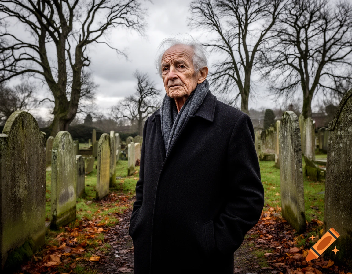 A somber old man in a black coat and grey scarf stands in a graveyard with bare trees and fallen leaves, looking off to the left.