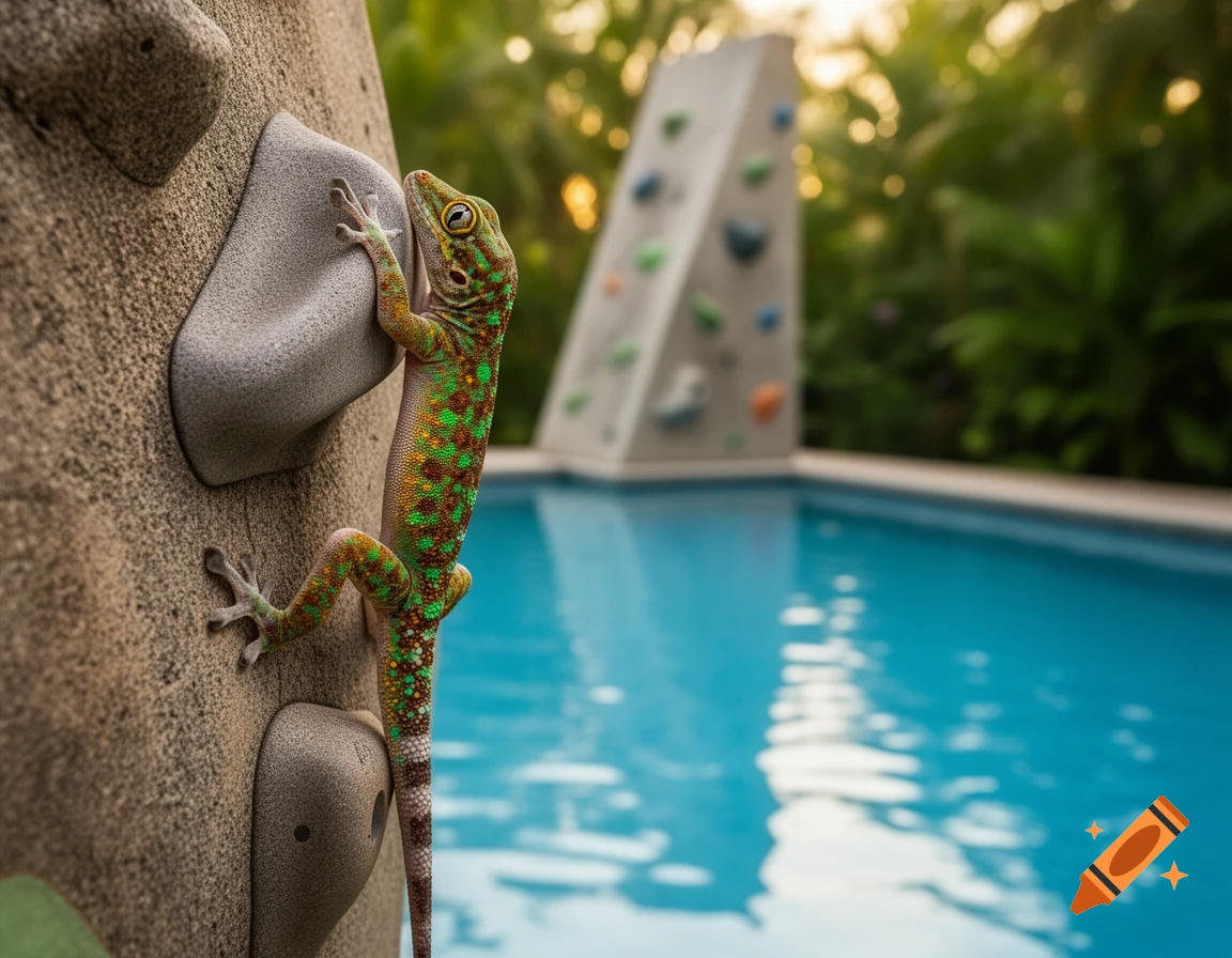 A photorealistic close-up of a green and orange gecko climbing a rock wall above a bright blue swimming pool, with lush foliage in the background.