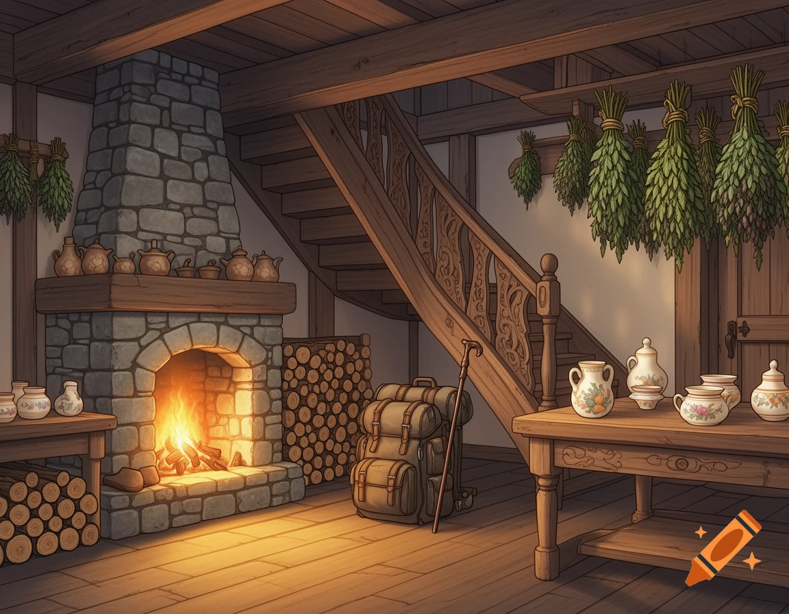 An anime-style interior of a rustic medieval farmhouse with a lit stone fireplace, a wooden staircase, and dried herbs hanging from the ceiling.